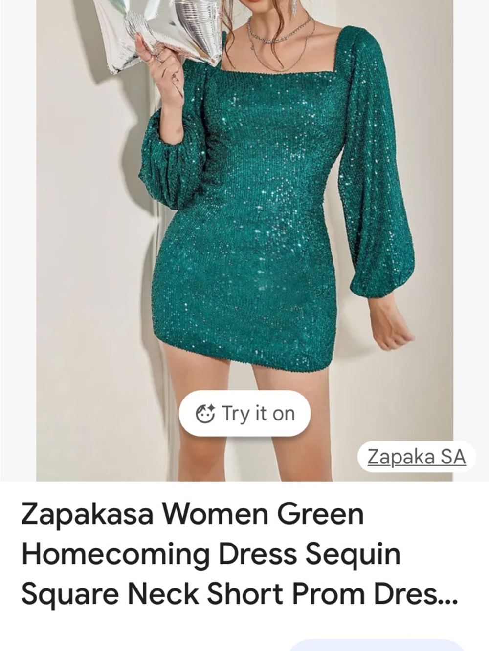 Zapakasa Green Sequin Square-Neck Long-Sleeve Mini Dress brand new